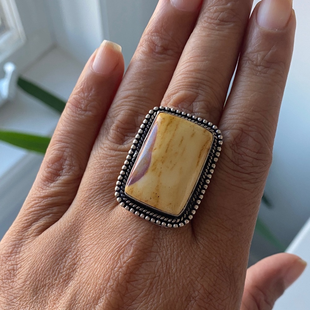 Elegant Gold Color Natural Stone and 925 Silver Women's Ring size 9-10